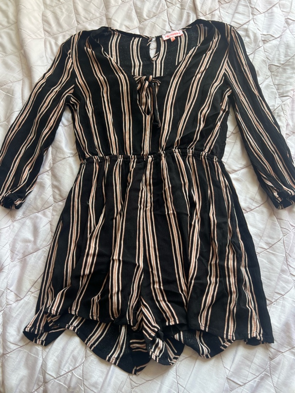 re:named Black and Tan Striped Long Sleeve Romper
